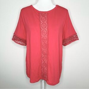 Halogen Womens Coral Crochet Short Sleeve Knit Top Size L EUC